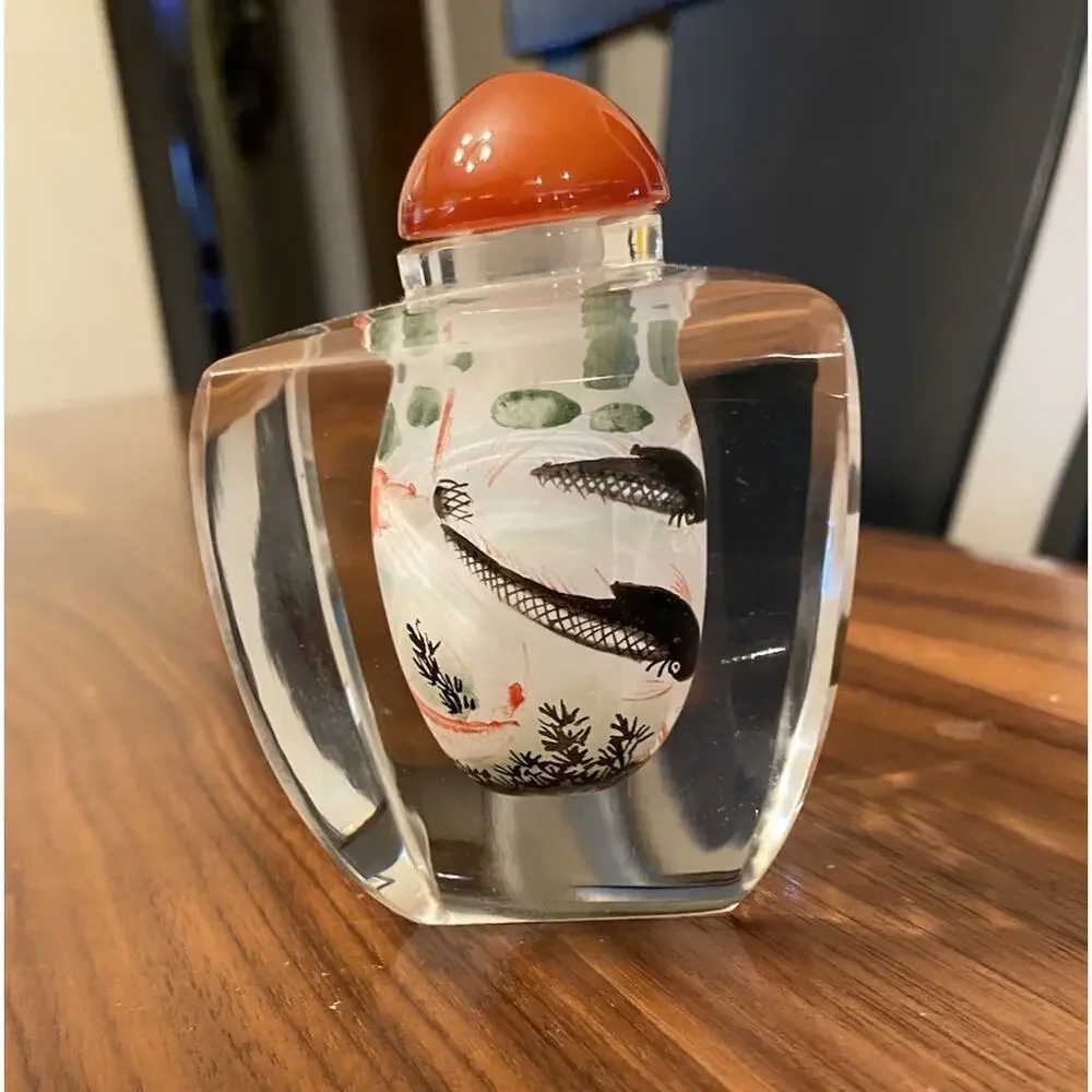 Chinese Glass Snuff Bottle Reverse Hand Painted Fish Red and Black